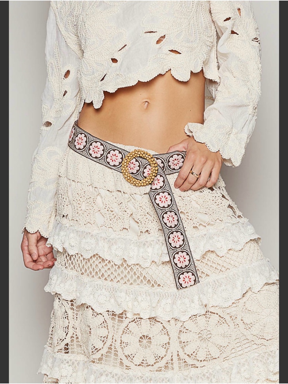 POL Embroidered Floral Bead Buckle Belt - White & Brown NWT